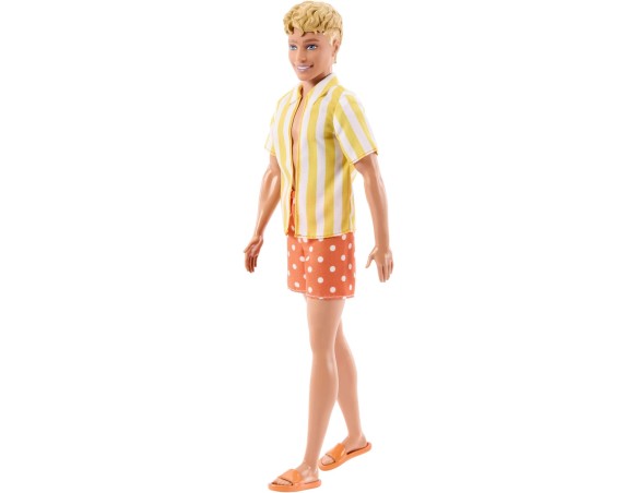 Barbie - Bambola Fashionistas Ken n. 252, con capelli biondi, pantaloncini da surf arancioni a pois gialli, camicia a righe gia