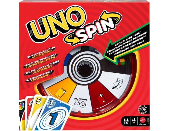 Mattel Games - UNO Spin, versione dell'iconico gioco con spinner e nuove regole, carte speciali per girare la ruota con diversi