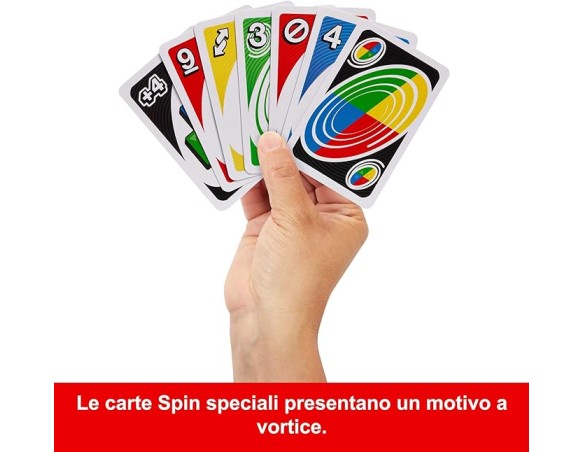 Mattel Games - UNO Spin, versione dell'iconico gioco con spinner e nuove regole, carte speciali per girare la ruota con diversi