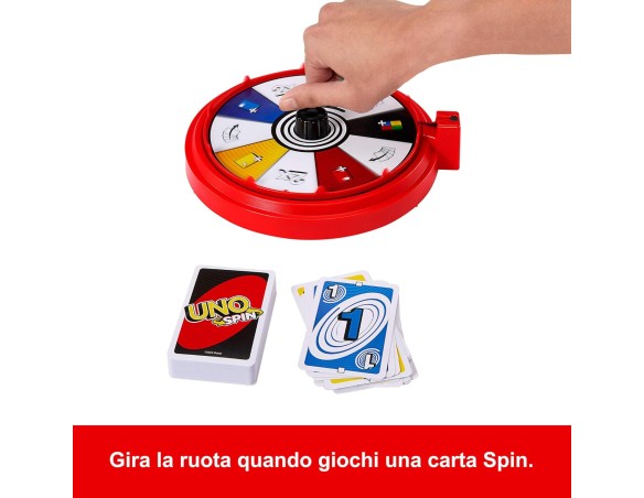 Mattel Games - UNO Spin, versione dell'iconico gioco con spinner e nuove regole, carte speciali per girare la ruota con diversi