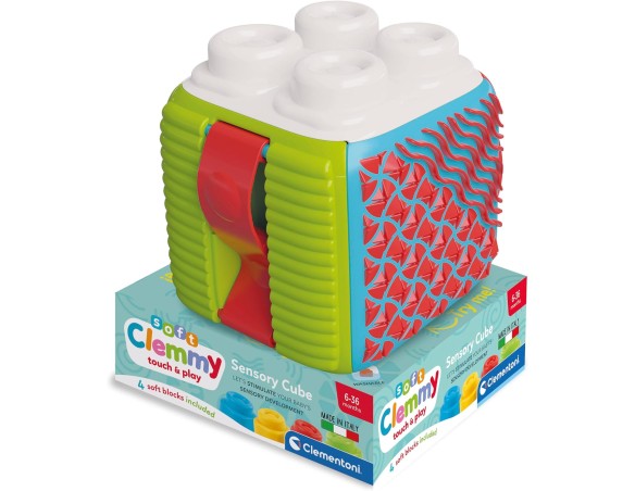 Clementoni- Soft Sensory Activity Cube-Set Costruzioni Prima Infanzia, Mattoncini Morbidi Clemmy, Blocchi Bambini 6 Mesi, Gioco