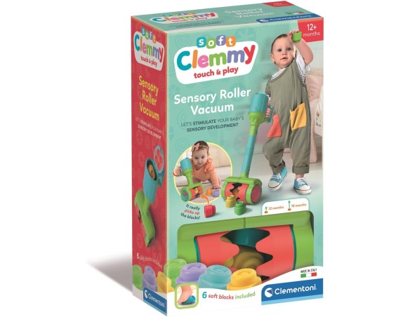 Clementoni Soft Clemmy - Touch & Play Sensory Vacuum, Aspirapolvere Bambini 12+ Mesi, 6 Mattoncini per Costruzioni, Gioco Prima