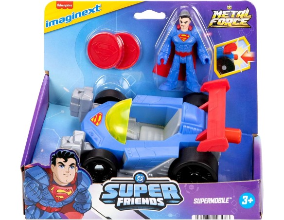 Imaginext DC Super Friends Metal Force Supermobile VeicoloAuto giocattolo con action figure di Superman da 7,5 cm e set di acce
