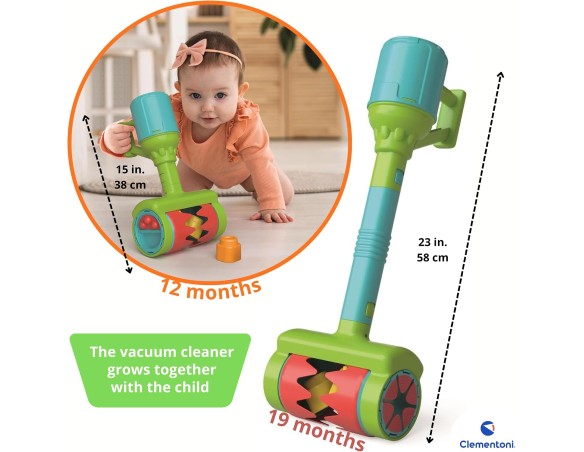 Clementoni Soft Clemmy - Touch & Play Sensory Vacuum, Aspirapolvere Bambini 12+ Mesi, 6 Mattoncini per Costruzioni, Gioco Prima