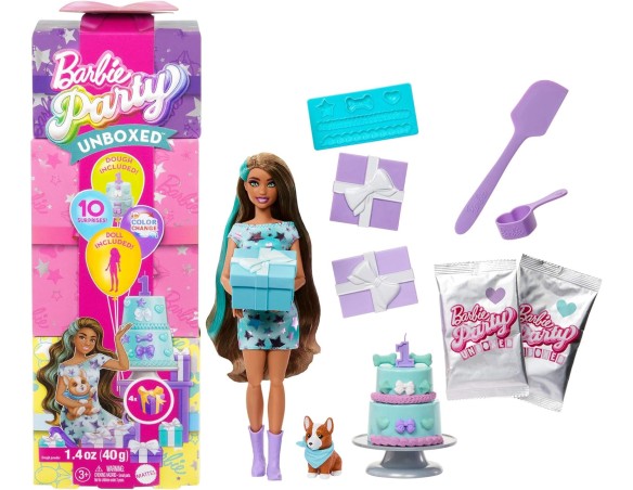 Barbie Party Surprise - Party Stars, bambola con 10 accessori a sopresa, effetto cambia colore e decorazioni per la torta, gioc