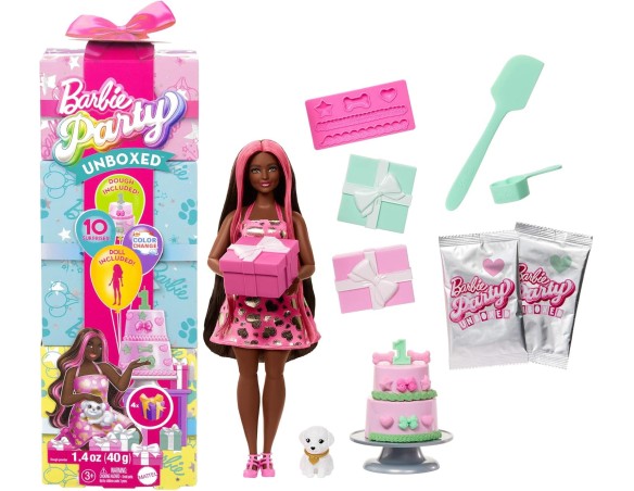 Barbie Party Surprise - Shimmerin' Hearts, bambola con 10 accessori a sopresa, effetto cambia colore e decorazioni per la torta
