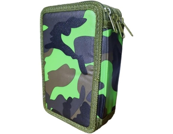 ASTUCCIO SCUOLA 3 ZIP VUOTO DI COLORE VERDE MILITARE CON RIGHELLO E FORBICI