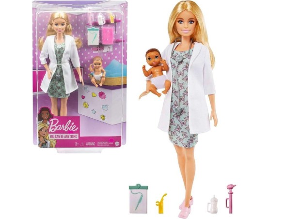 Barbie - Playset Pediatra con Bambola Barbie Bionda e Neonata, Stetoscopio, Termometro, Oscilloscopio, Cartella Clinica, Copert