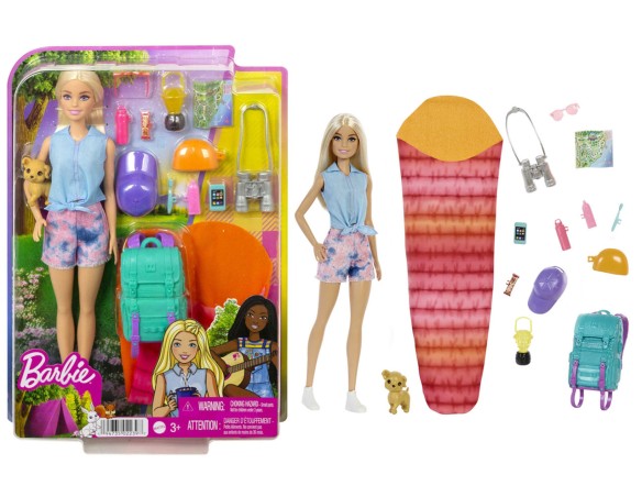 Barbie Siamo in Due Malibu in Campeggio Bambola Bionda con Cagnolino, Zaino, Sacco a Pelo e Accessori da Campeggio, Giocattolo 